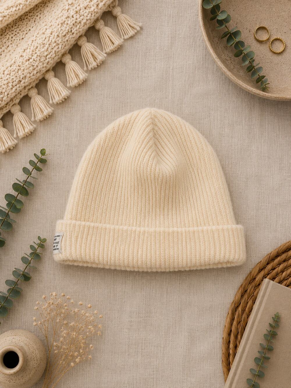 Madewell Cozy-Knit Beanie Ivory Wool Ribbed Cuffed Hat Quiet Luxury One Size